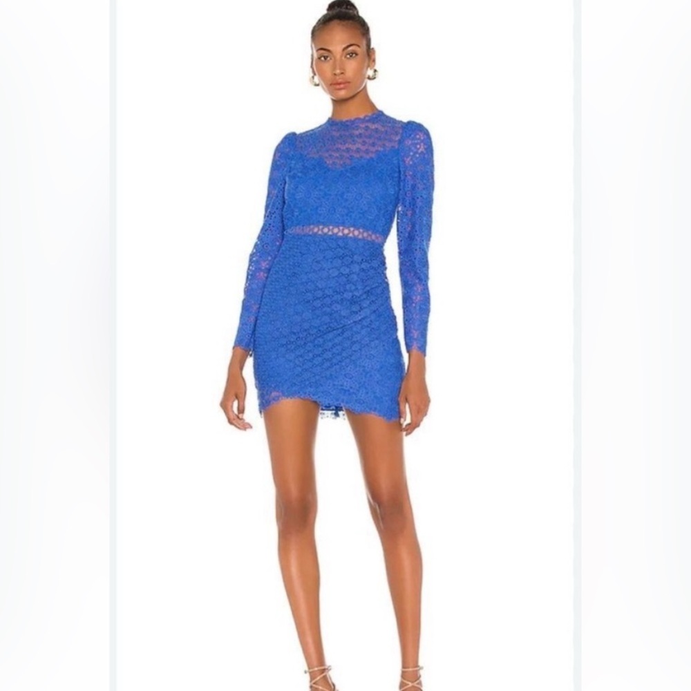 Saylor Xenia Floral Lace Mini Dress Sheer Yoke Long Sheer Sleeves Blue Small